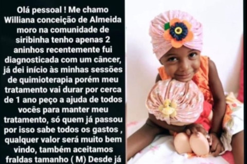 Campanha para custear o tratamento da pequena Williana, de apenas 2 aninhos